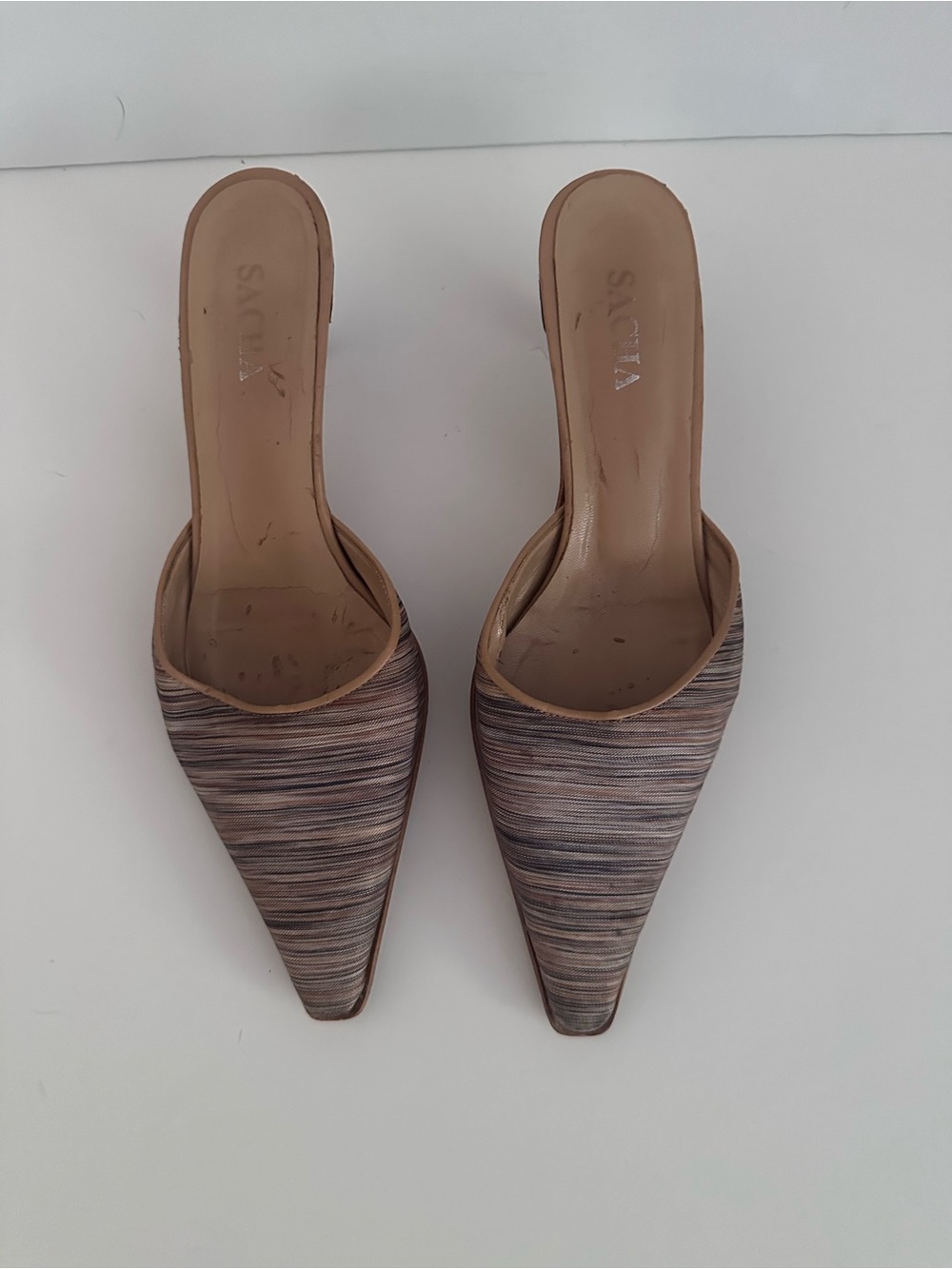SACHA London Women's Kitten heel Pointed Mule in Taupe Multistripe